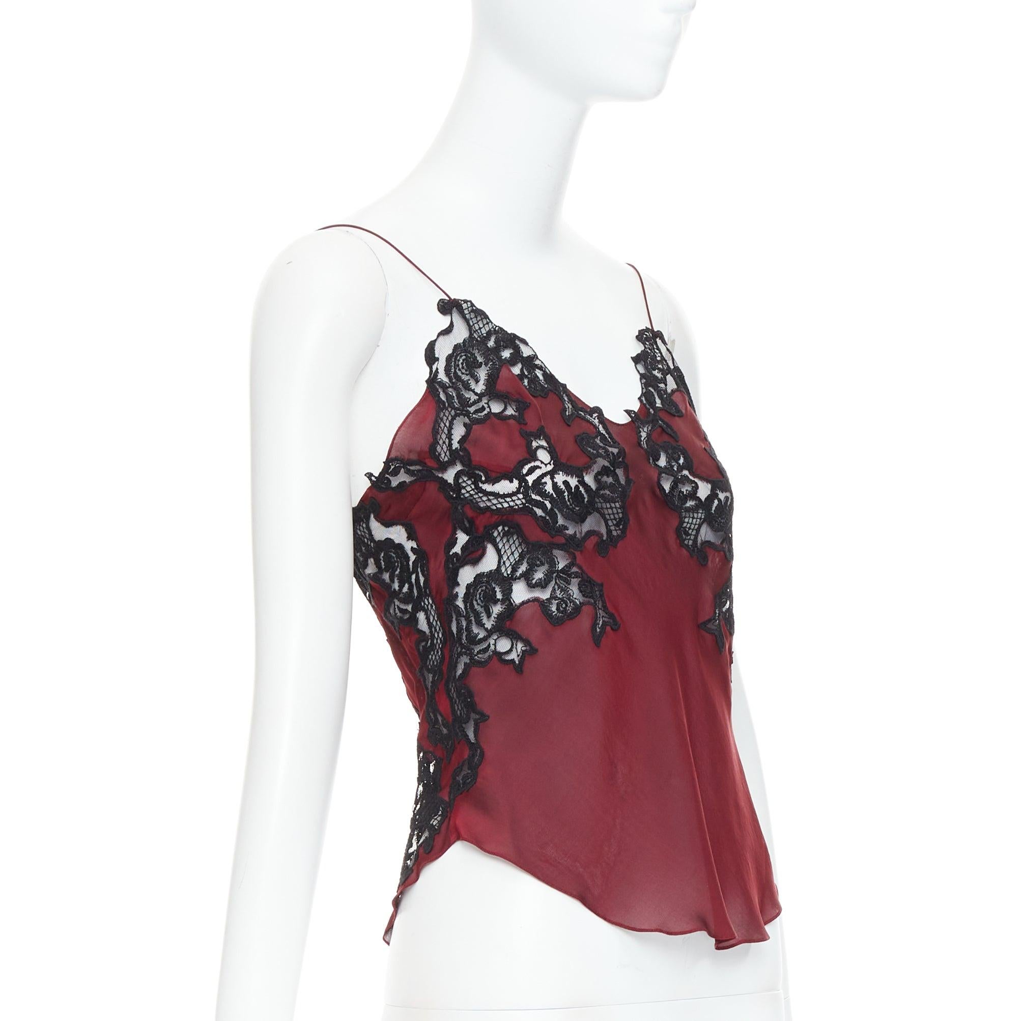 CHLOE 2002 Vintage Phoebe Philo burgunderrote schwarze Camisole aus Seide mit durchsichtiger Spitze FR34 XS (Rot) im Angebot