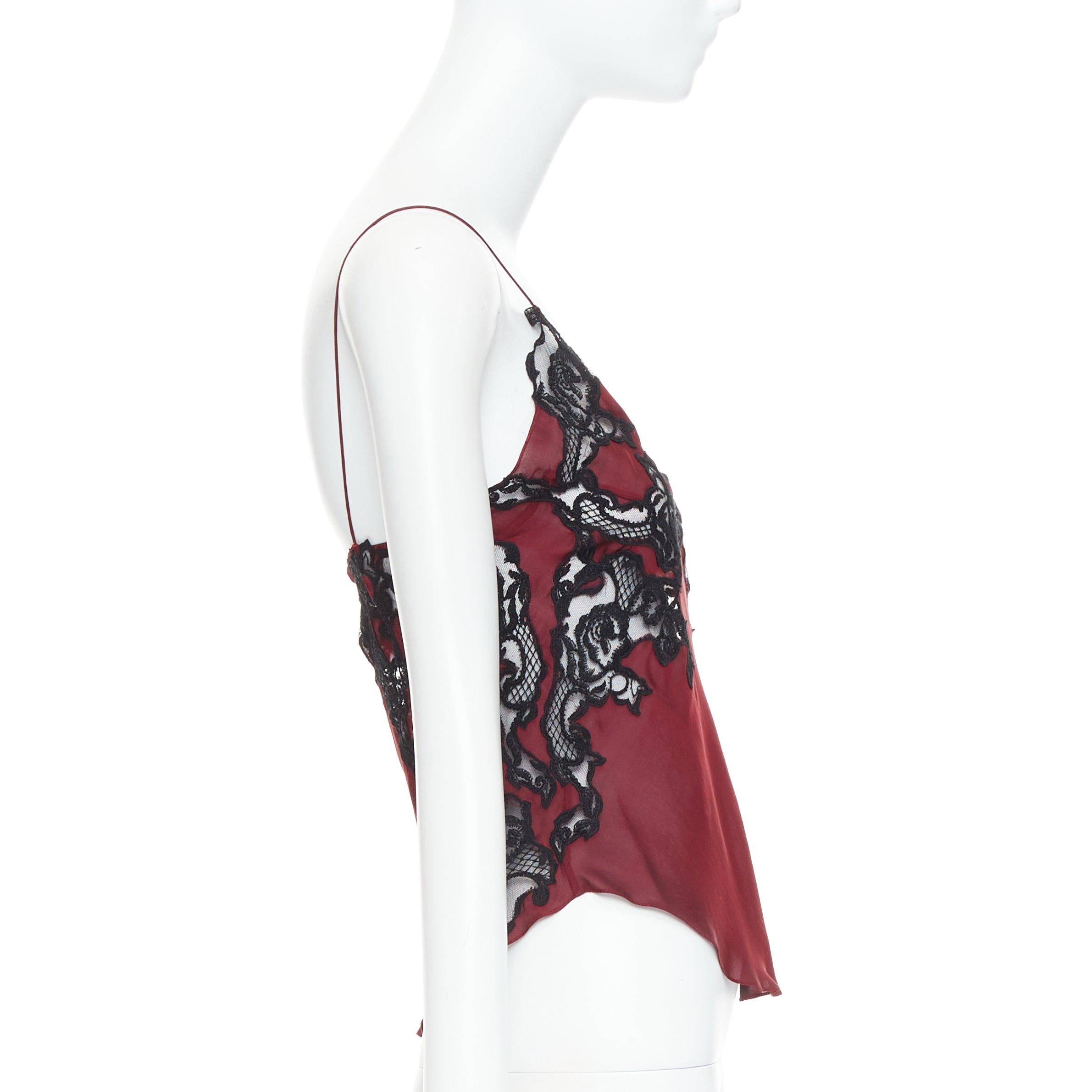 CHLOE 2002 Vintage Phoebe Philo burgunderrote schwarze Camisole aus Seide mit durchsichtiger Spitze FR34 XS im Zustand „Hervorragend“ im Angebot in Hong Kong, NT