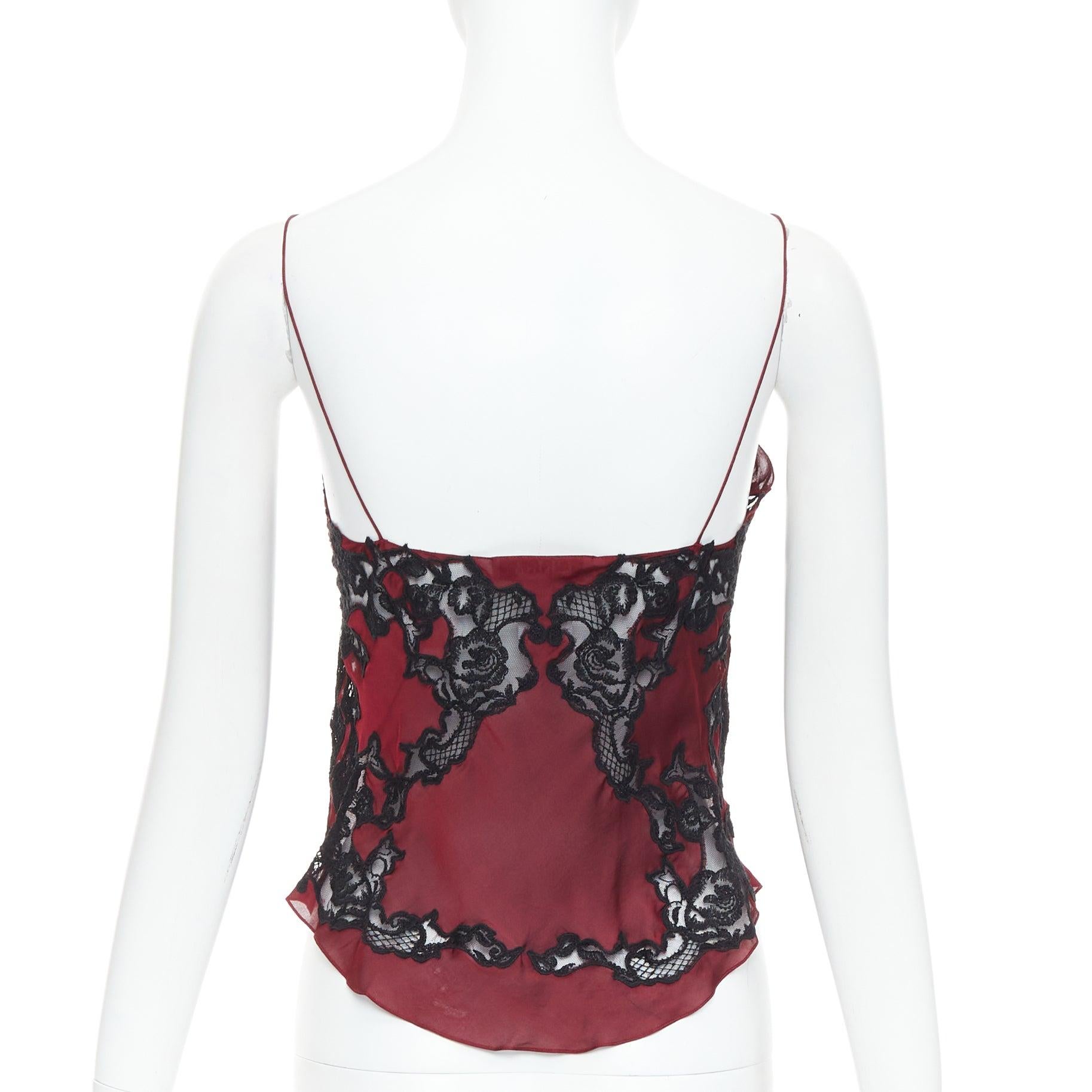 CHLOE 2002 Vintage Phoebe Philo burgunderrote schwarze Camisole aus Seide mit durchsichtiger Spitze FR34 XS Damen im Angebot