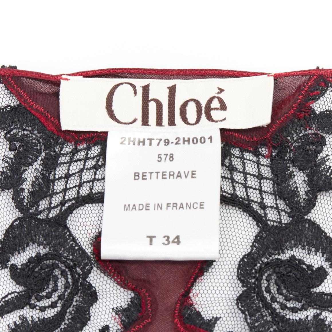 CHLOE 2002 Vintage Phoebe Philo burgunderrote schwarze Camisole aus Seide mit durchsichtiger Spitze FR34 XS im Angebot 3