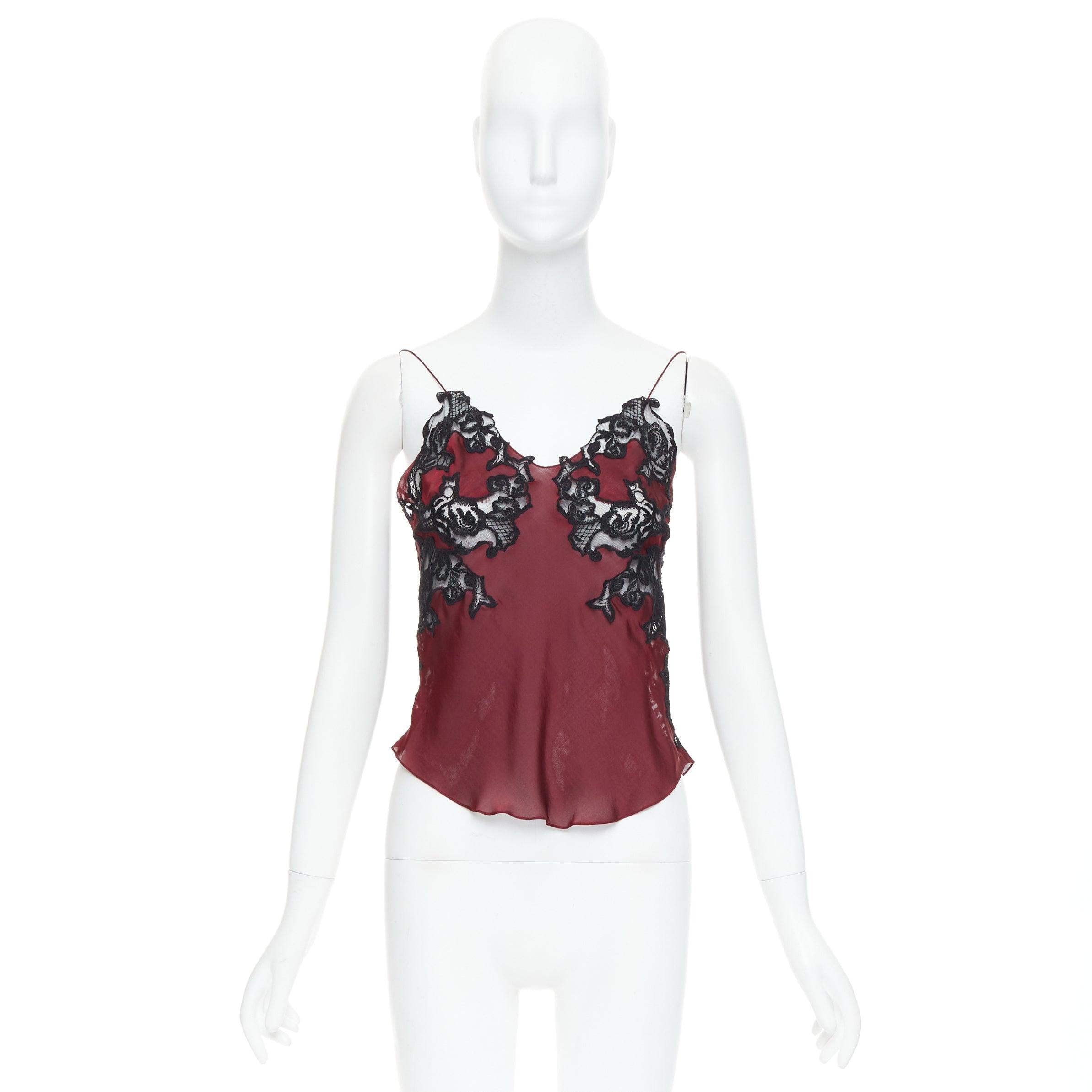 CHLOE 2002 Vintage Phoebe Philo burgunderrote schwarze Camisole aus Seide mit durchsichtiger Spitze FR34 XS im Angebot 4