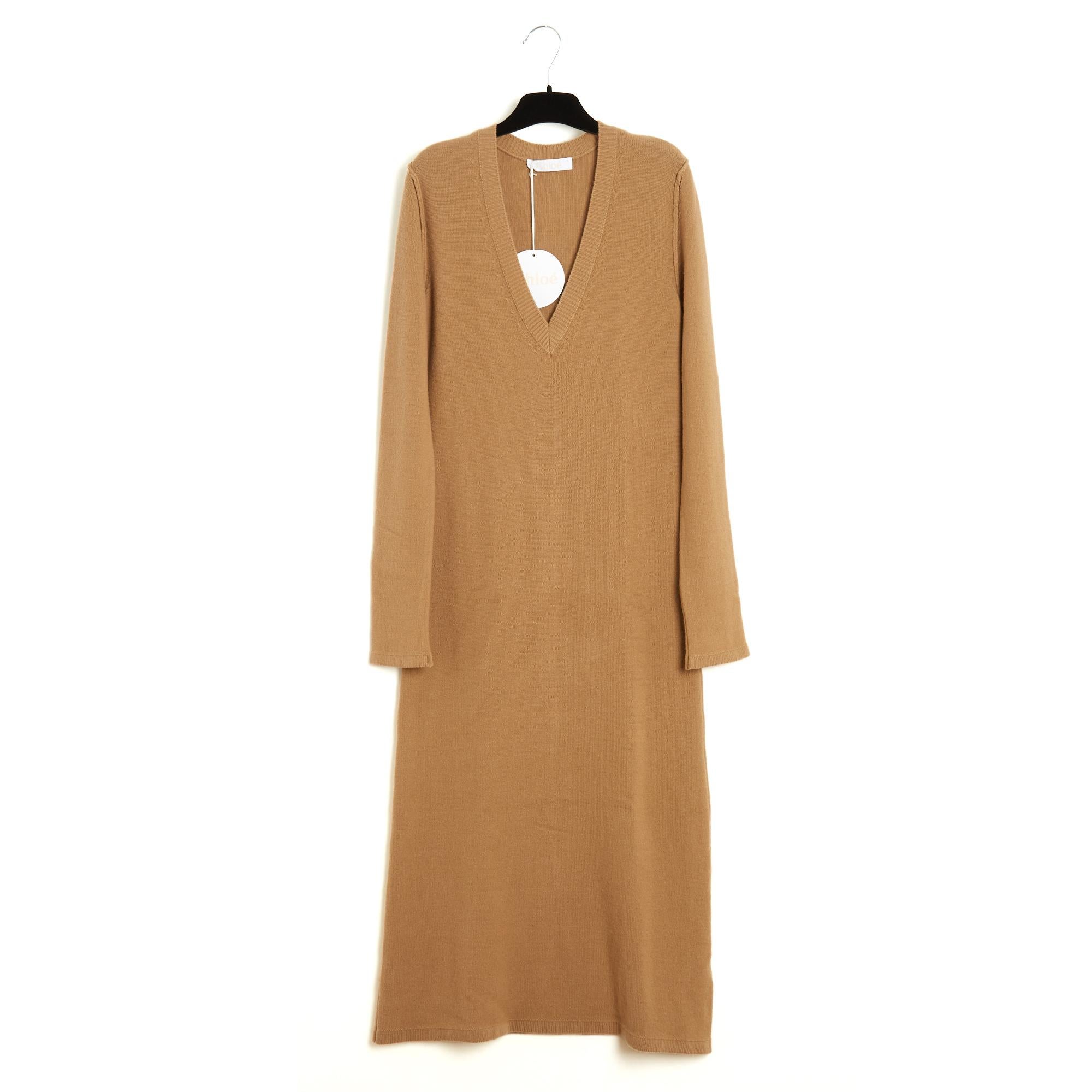 Chloé 2015 Robe FR38 Maxi Camel Wool Knit Dress and Belt UK10 US8 New Chloe For Sale 1