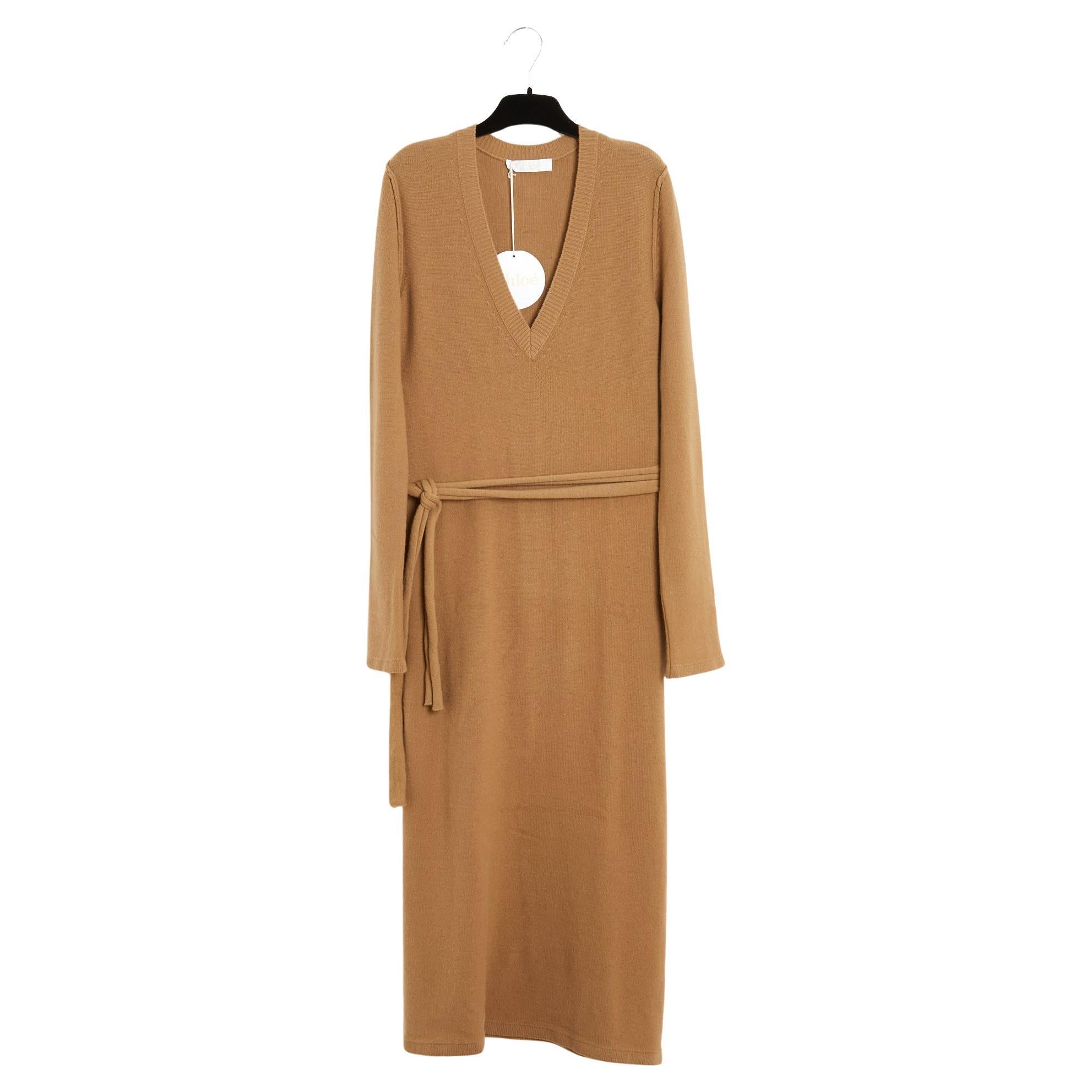 Chloé 2015 Robe FR38 Maxi Camel Wool Knit Dress and Belt UK10 US8 New Chloe For Sale