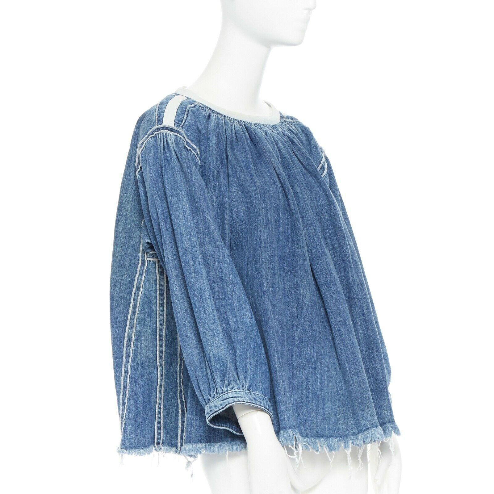 CHLOE 2016 blue denim blouse a-line baby doll top smocked frayed bohemian FR36 S In Excellent Condition In Hong Kong, NT