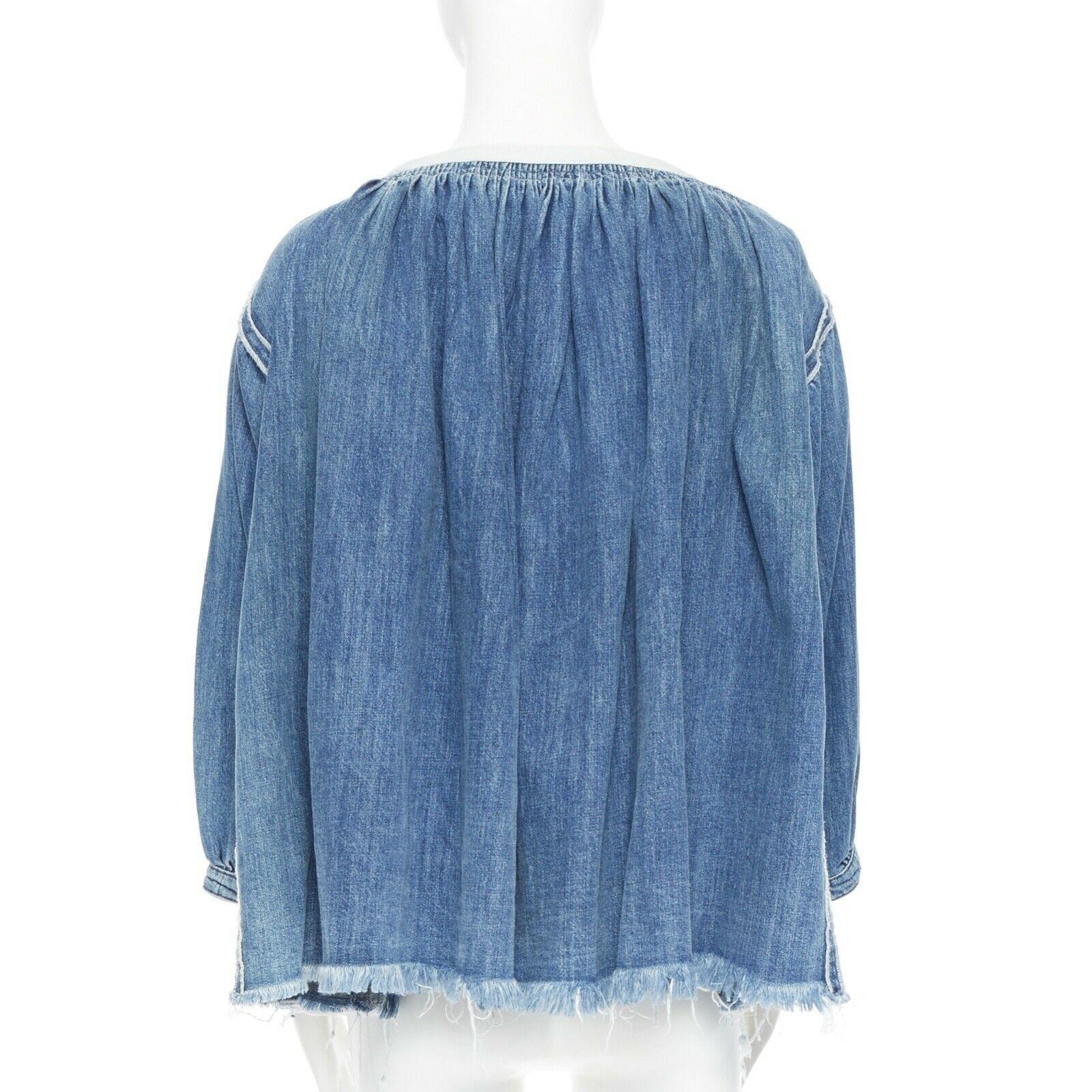 CHLOE 2016 blue denim blouse a-line baby doll top smocked frayed bohemian FR36 S 1