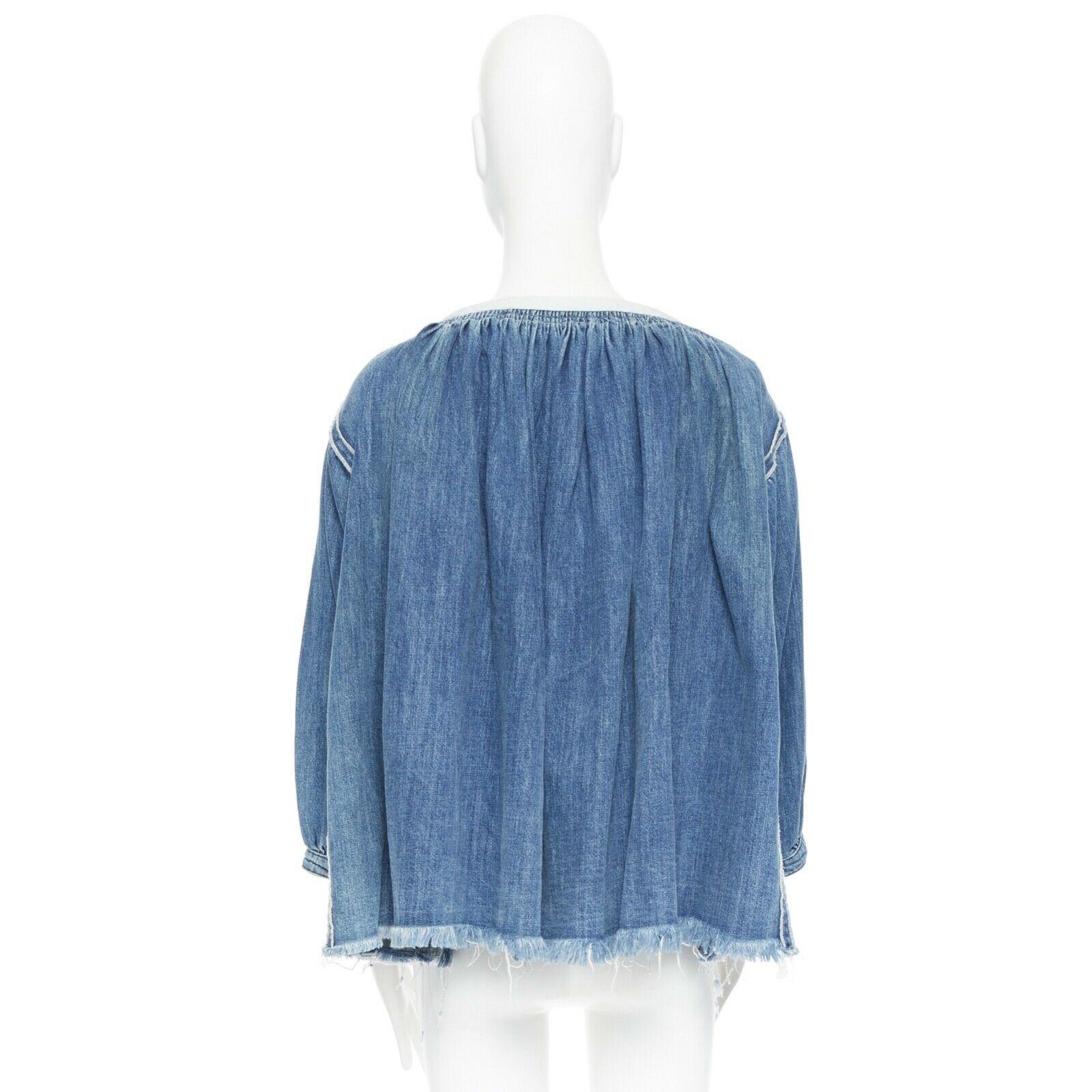 CHLOE 2016 blue denim blouse a-line baby doll top smocked frayed bohemian FR36 S 2