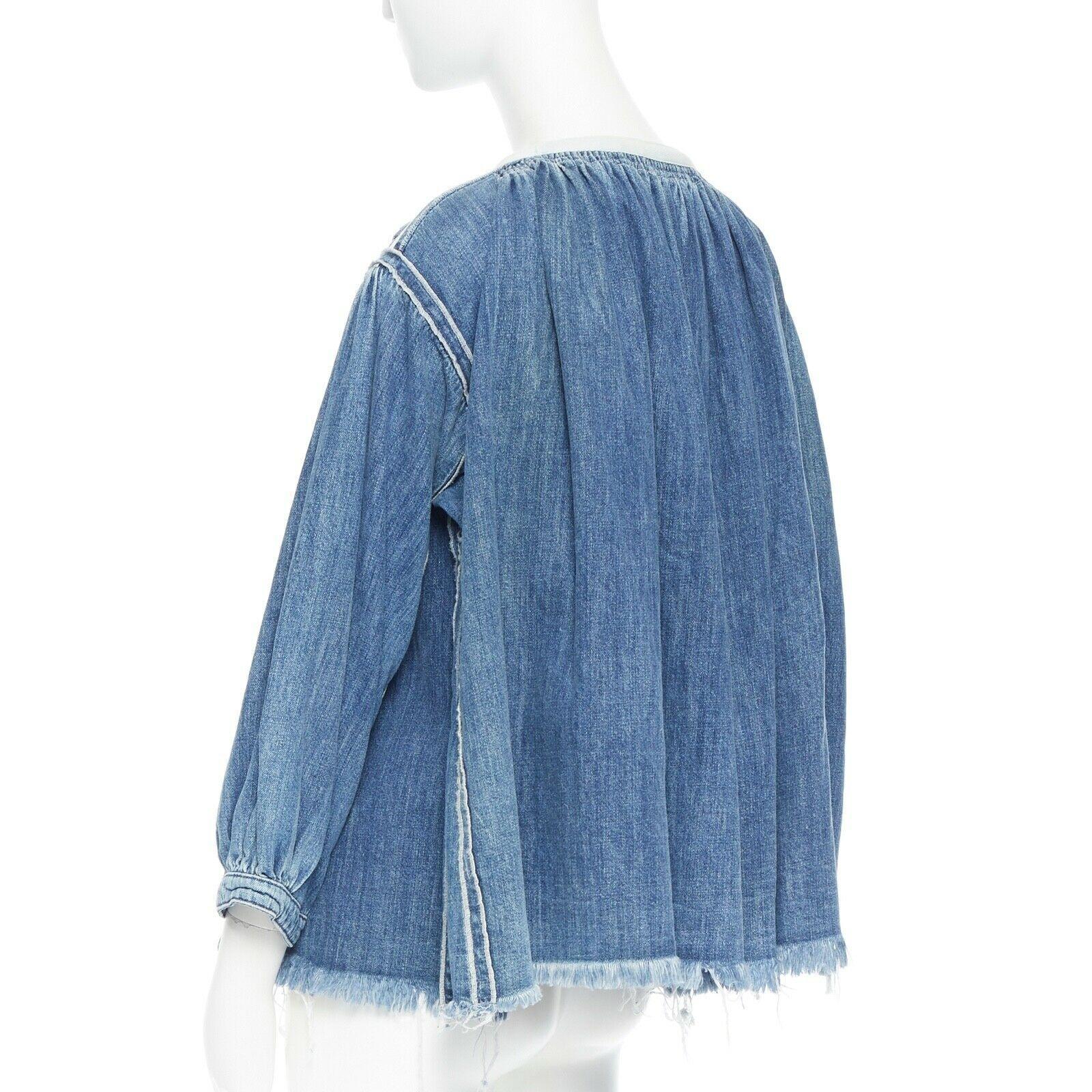 CHLOE 2016 blue denim blouse a-line baby doll top smocked frayed bohemian FR36 S 3