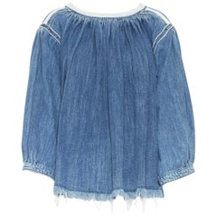 CHLOE 2016 blue denim blouse a-line baby doll top smocked frayed bohemian FR36 S