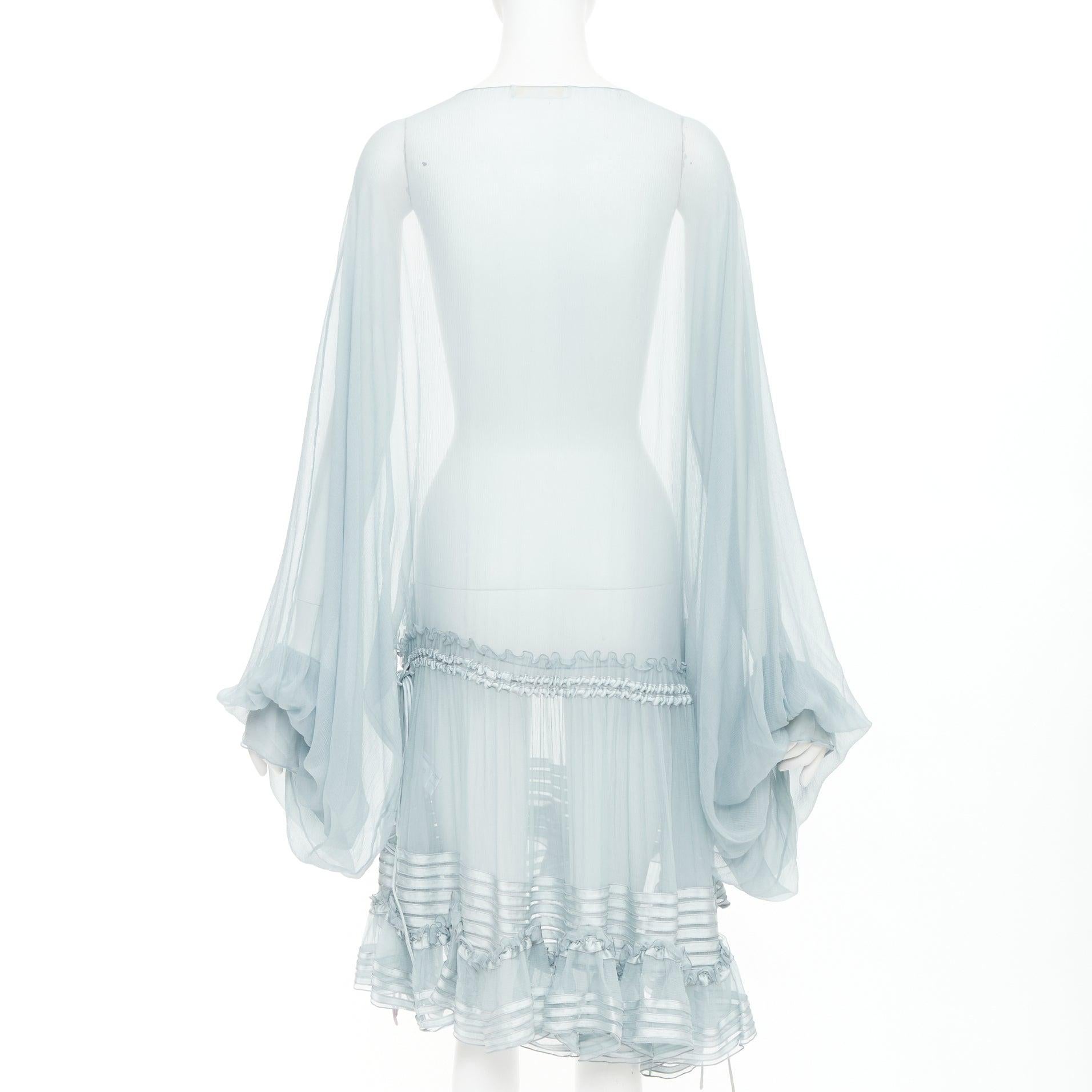 CHLOE 2016 Runway blau Seide Mousseline schiere Rüschen Saum Zugband Kleid FR34 XS im Angebot 1