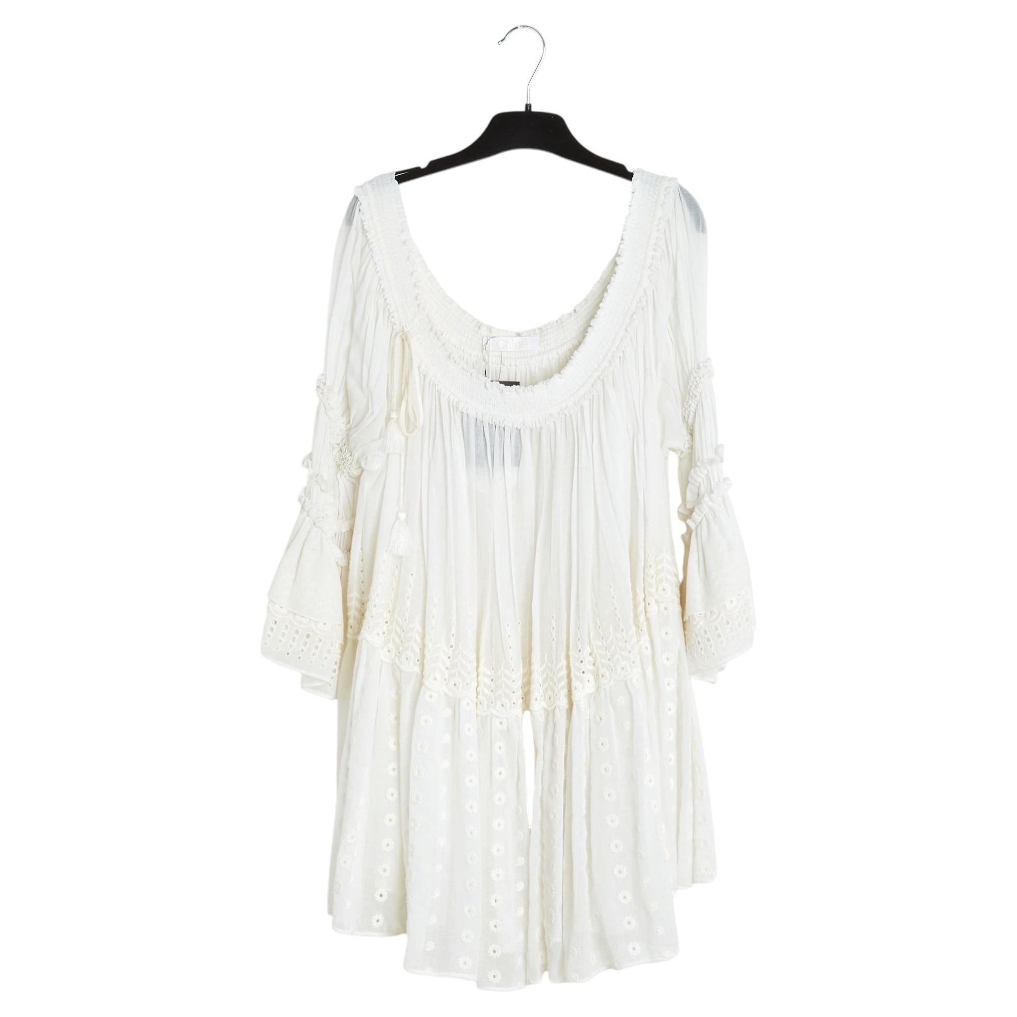 Chloé 2016 Top Tunique Brodee FR40 Crudo Algodón Bordado Blusa UK12 US10 Chloe