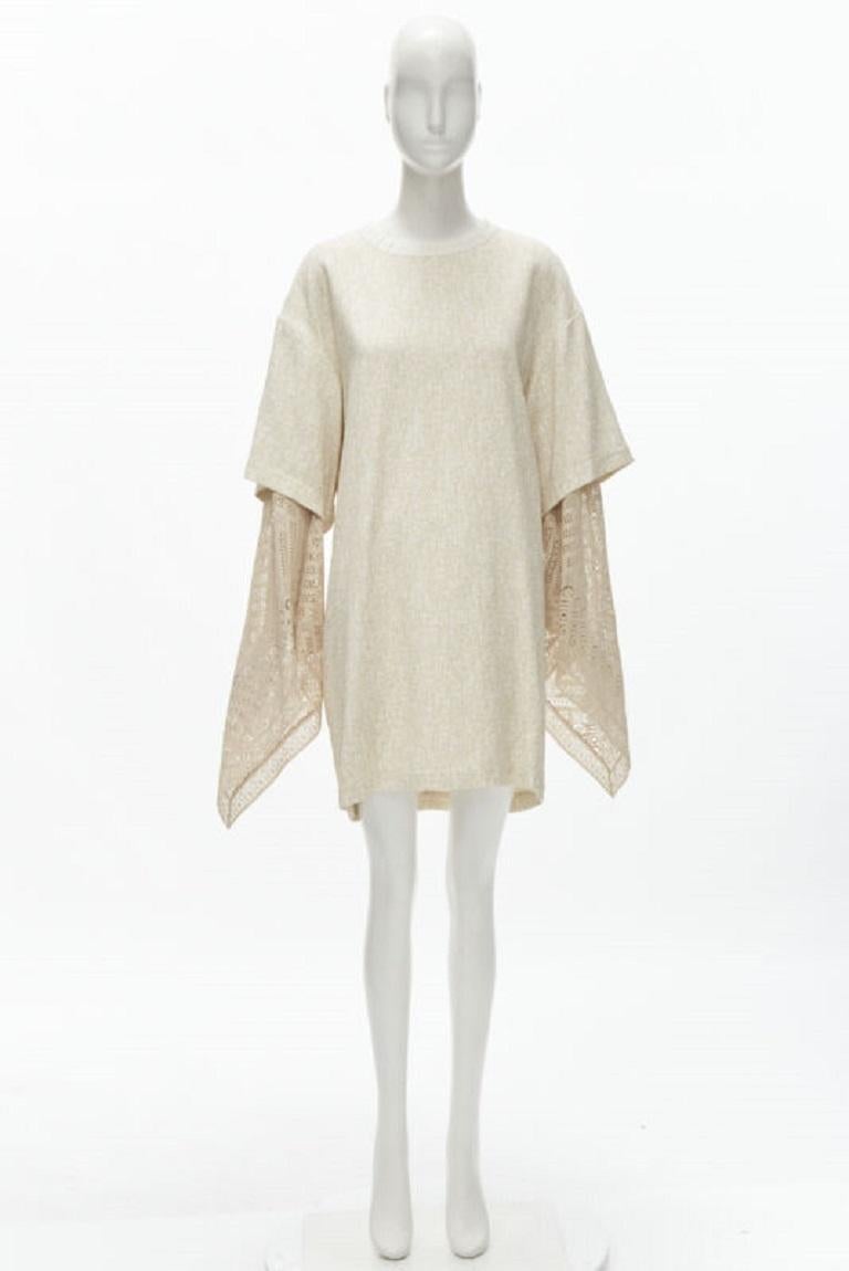 CHLOE 2019 Sandy Khaki speckle bohemian crochet sleeves layered dress FR40 M For Sale 6
