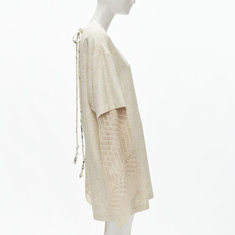 CHLOE 2019 Sandy Khaki speckle bohemian crochet sleeves layered dress FR40 M In New Condition For Sale In Hong Kong, NT