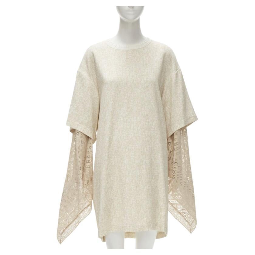 CHLOE 2019 Sandy Khaki speckle bohemian crochet sleeves layered dress FR40 M For Sale