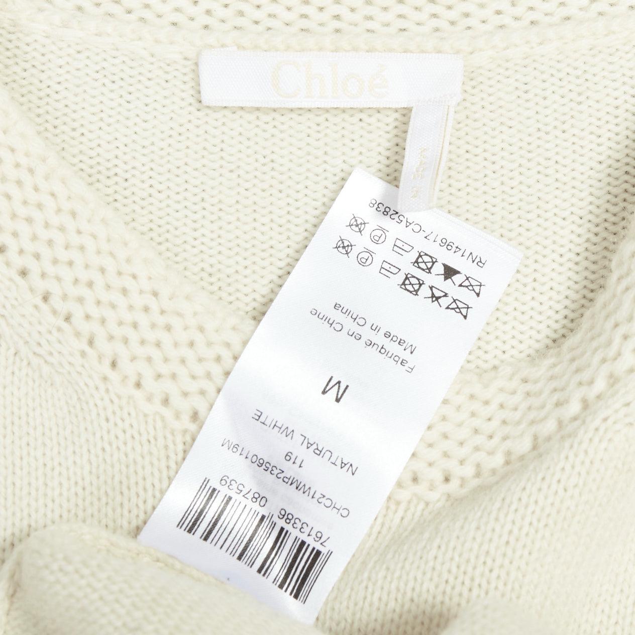 CHLOE 2023 pull-over en laine blanche naturelle et cachemire à appliques en tricot à volants M en vente 3