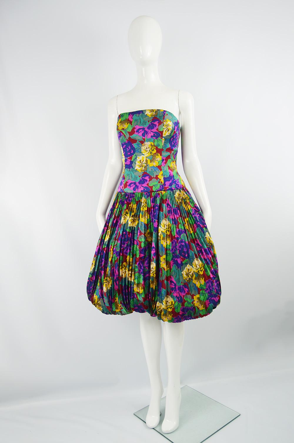 Chloe A/W 1988 Runway Strapless Pleated Floral Silk Vintage Bubble Hem Dress In Excellent Condition For Sale In Doncaster, South Yorkshire