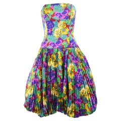 Chloe A/W 1988 Runway Strapless Pleated Floral Silk Vintage Bubble Hem Dress