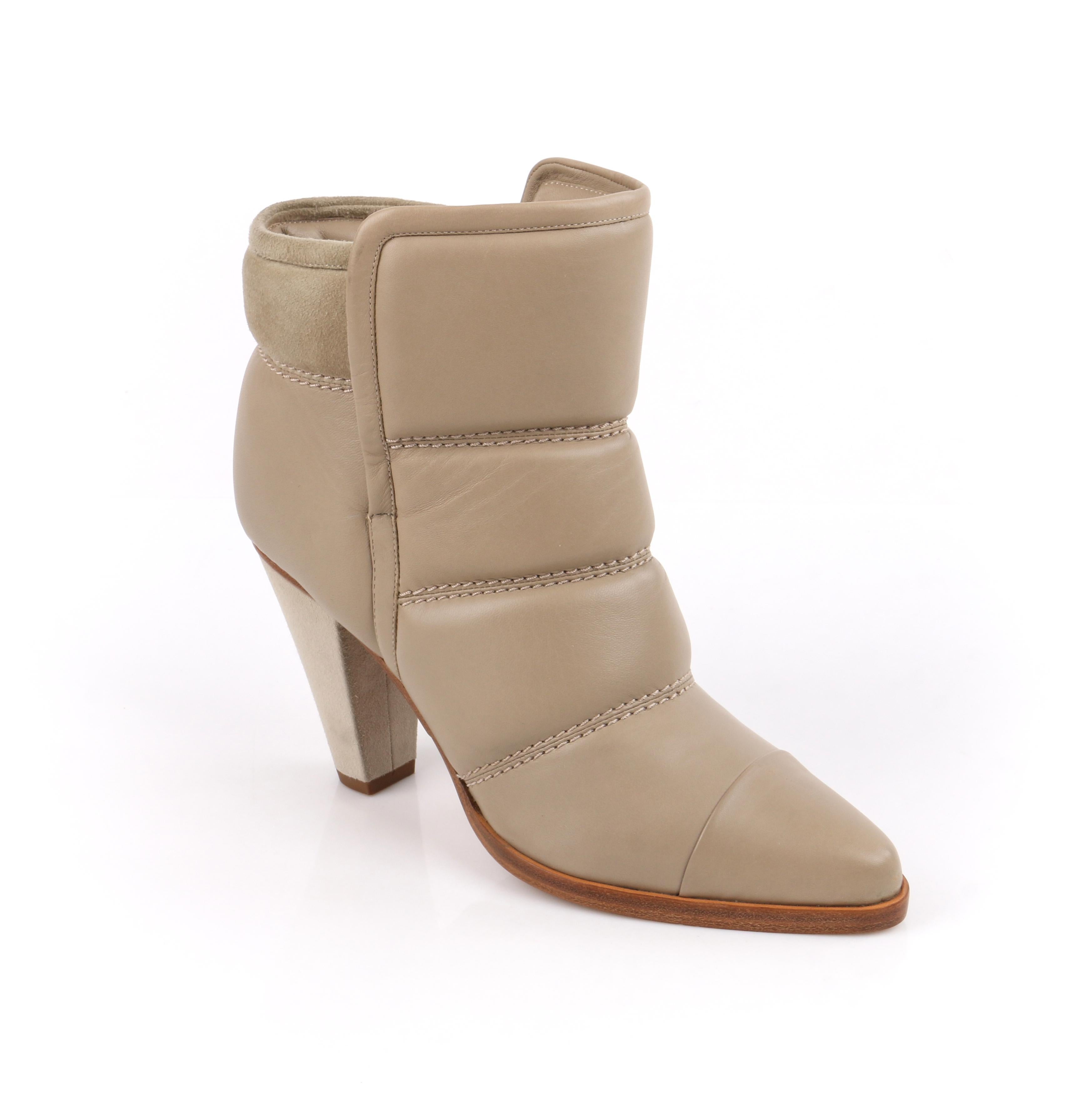 CHLOE A/W c.2014 Natural Taupe Padded Quilted Leather Suede Ankle Booties
 
Estimated Retail: $995
 
Brand / Manufacturer: Chloe
Designer: Gaby Aghion
Collection: Autumn / Winter 2014, Runway look #2
Manufacturer Style Name: Devon
Style: Ankle