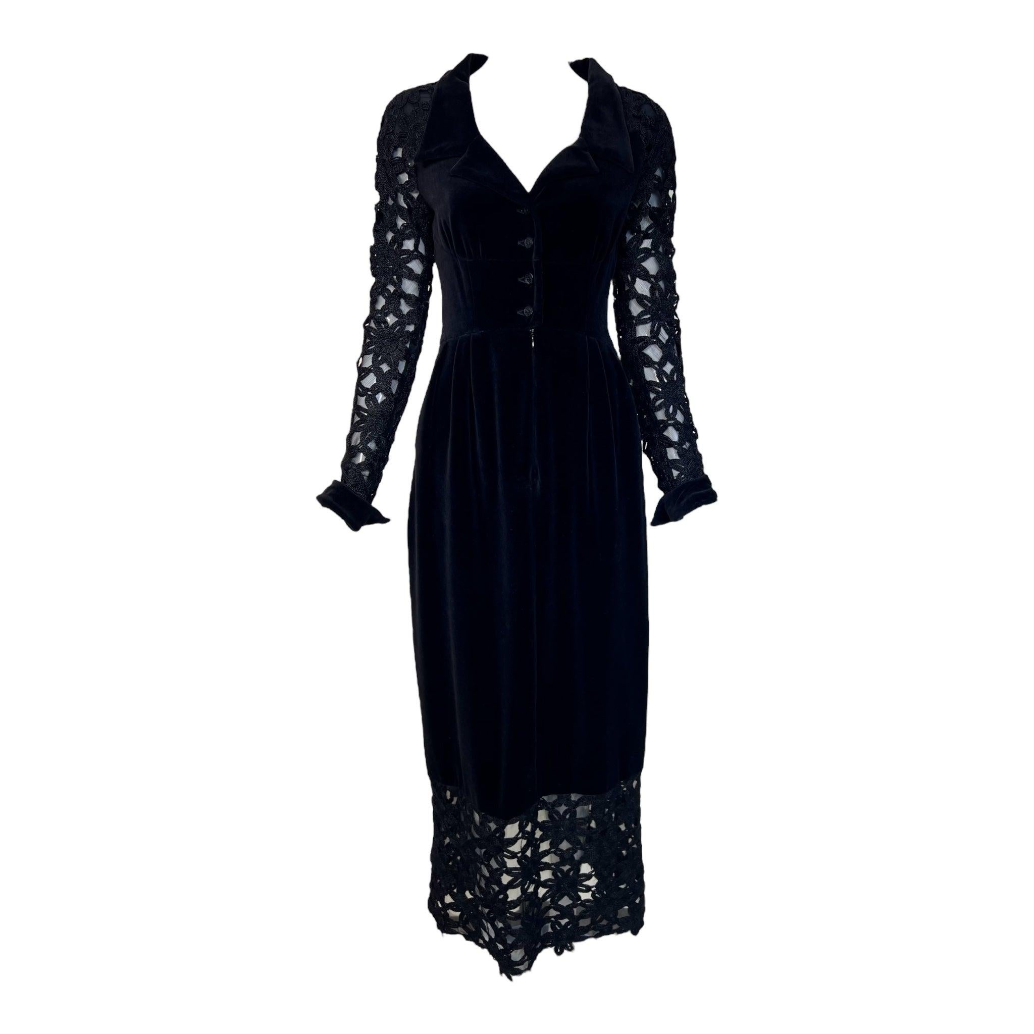 Karl Lagerfeld for Chloe Fall/Winter 1993 black velvet 2 piece dress. Kate Moss wore the flouncy twin of this dress on the Fall 1993 Chloe runway. In 1992 Lagerfeld had once more come back to design for the Chloe label after two previous stints at