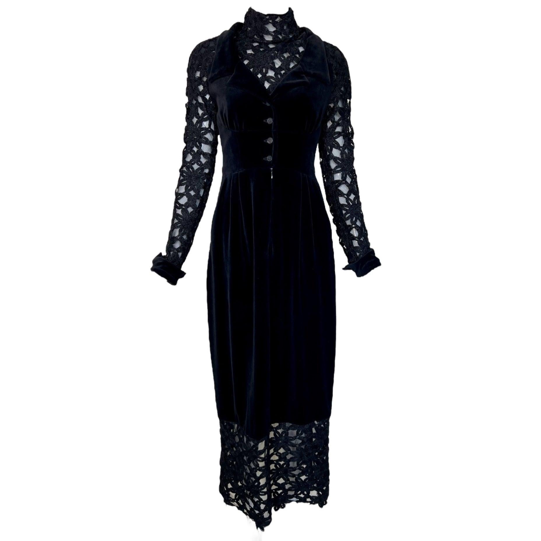 Chloe A/W Black Velvet & Crochet Neo-Victorian 2 Piece Dress, 1993 For Sale