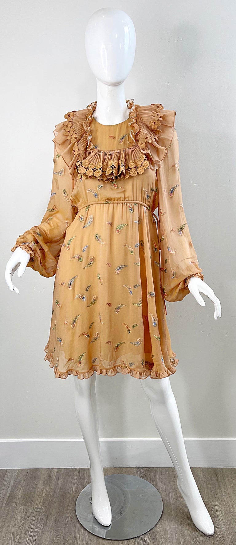 Chloe Ad Campaign Fall 2017 Terra Cotta Silk Chiffon Metallic Paisley Boho  Dress