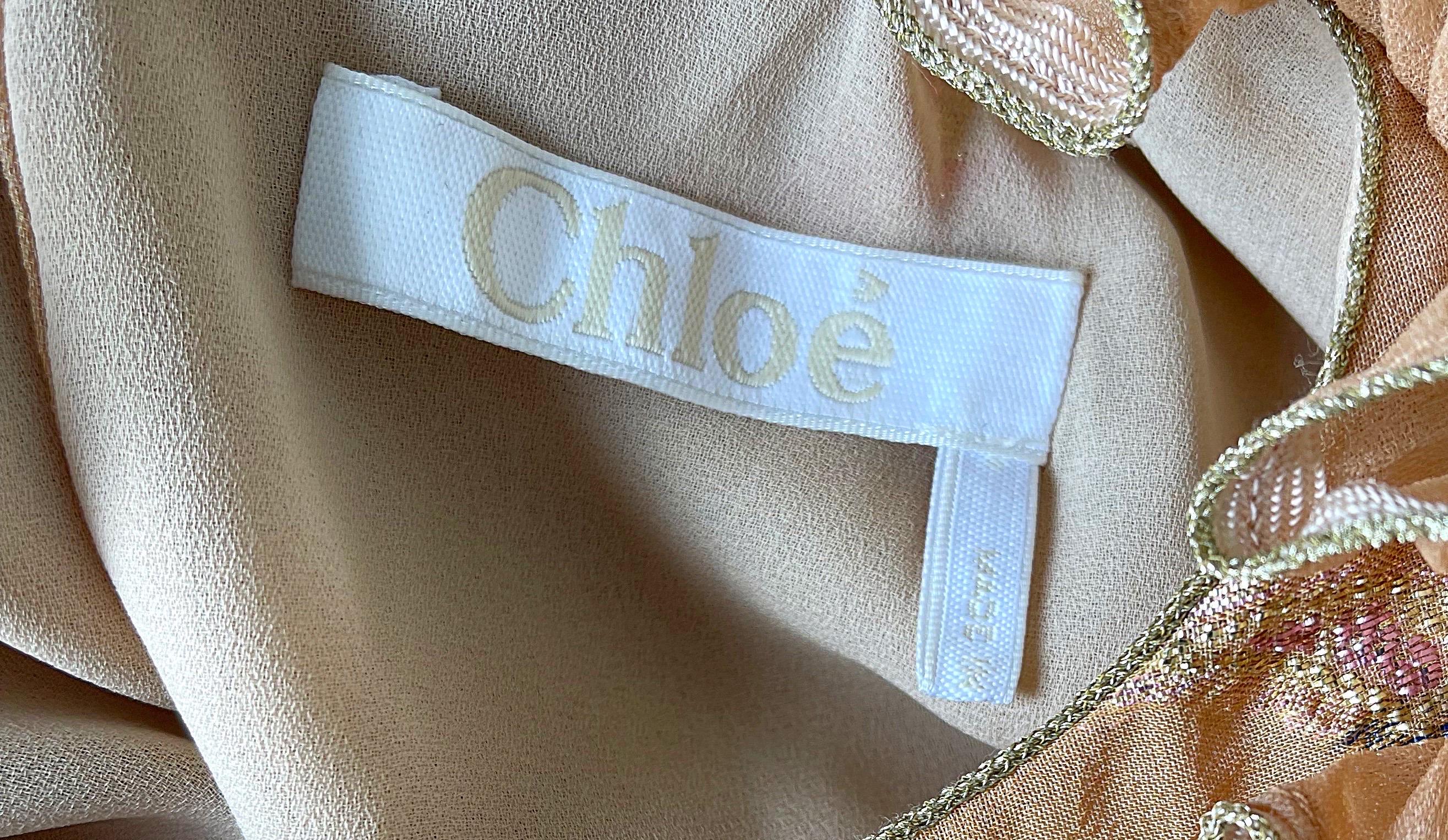 Chloe Ad Campaign Fall 2017 Terra Cotta Silk Chiffon Metallic Paisley Boho Dress In Excellent Condition For Sale In San Diego, CA