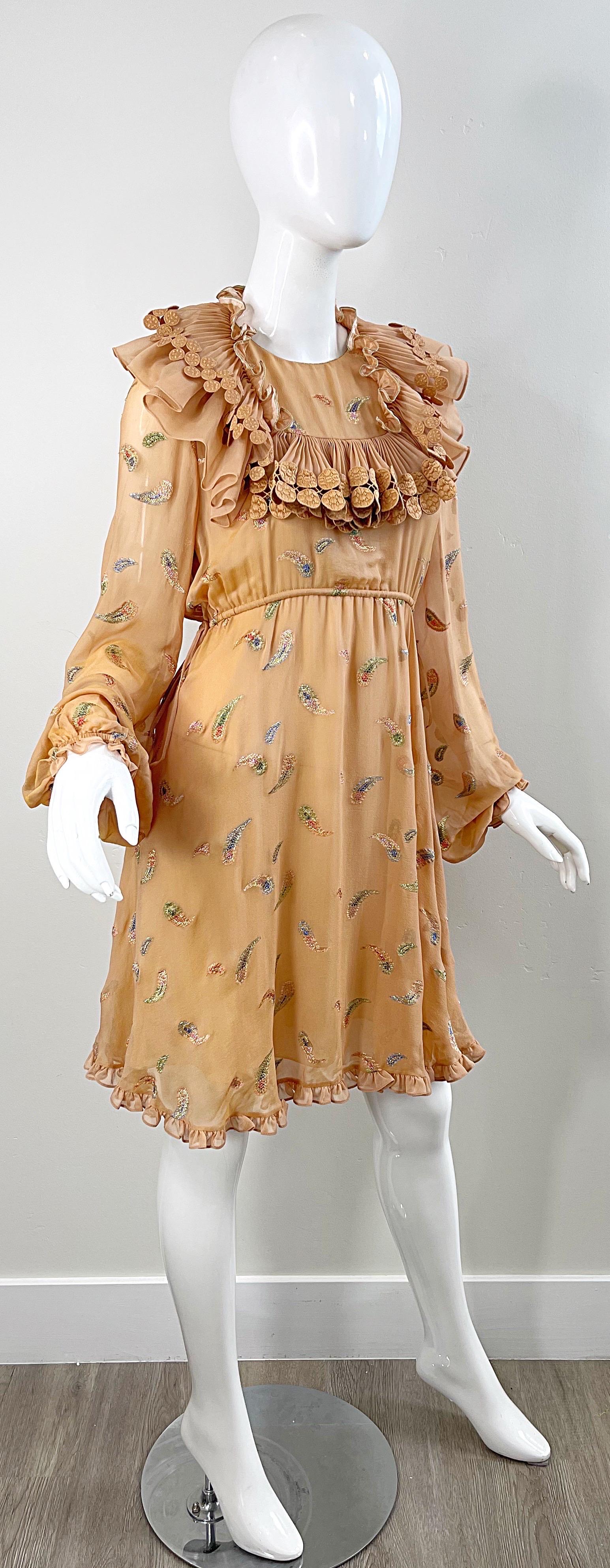 Chloe Ad Campaign Fall 2017 Terra Cotta Silk Chiffon Metallic Paisley Boho Dress For Sale 2