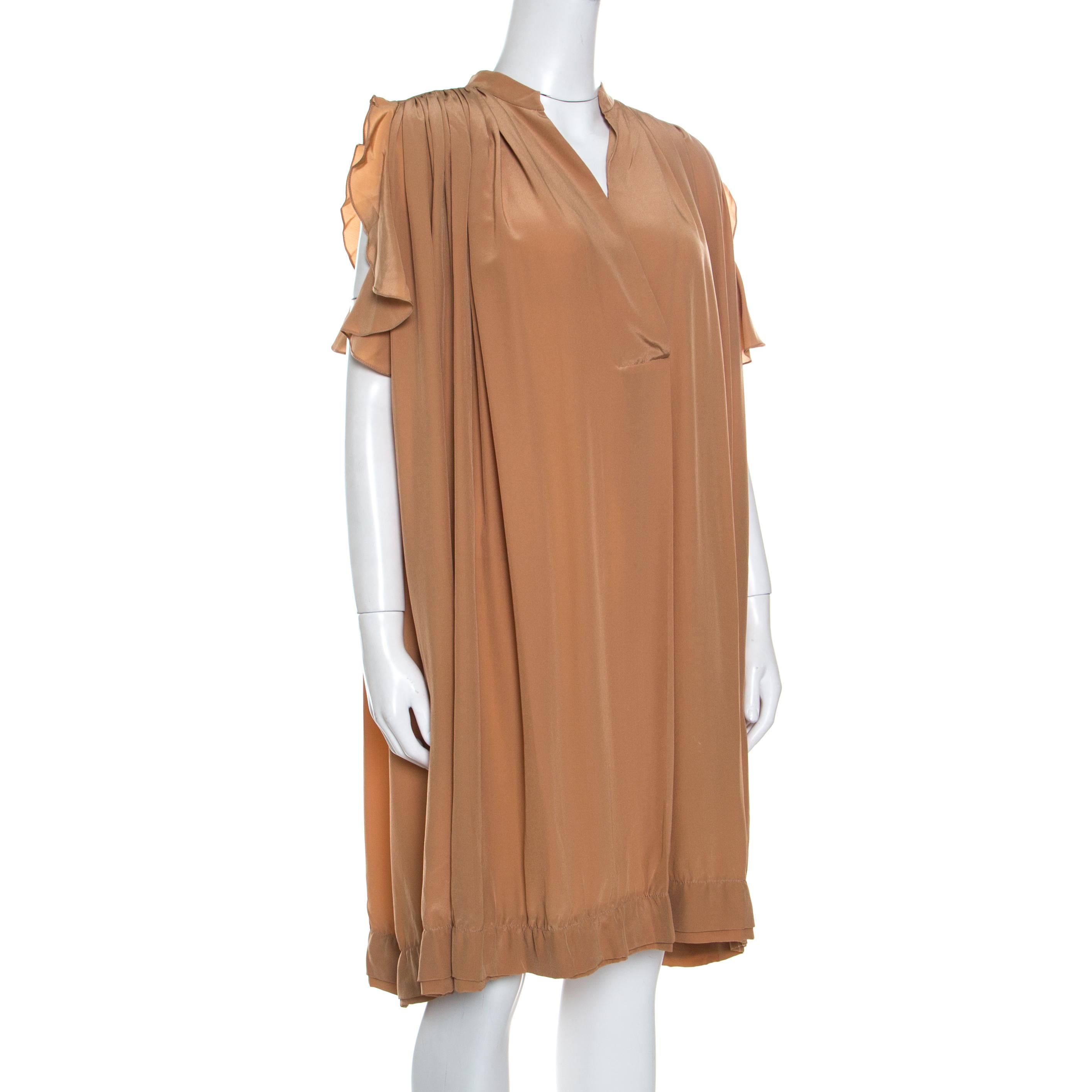 Brown Chloe American Tan Crepe Silk Ruffled Sleeveless Billowy Dress M For Sale