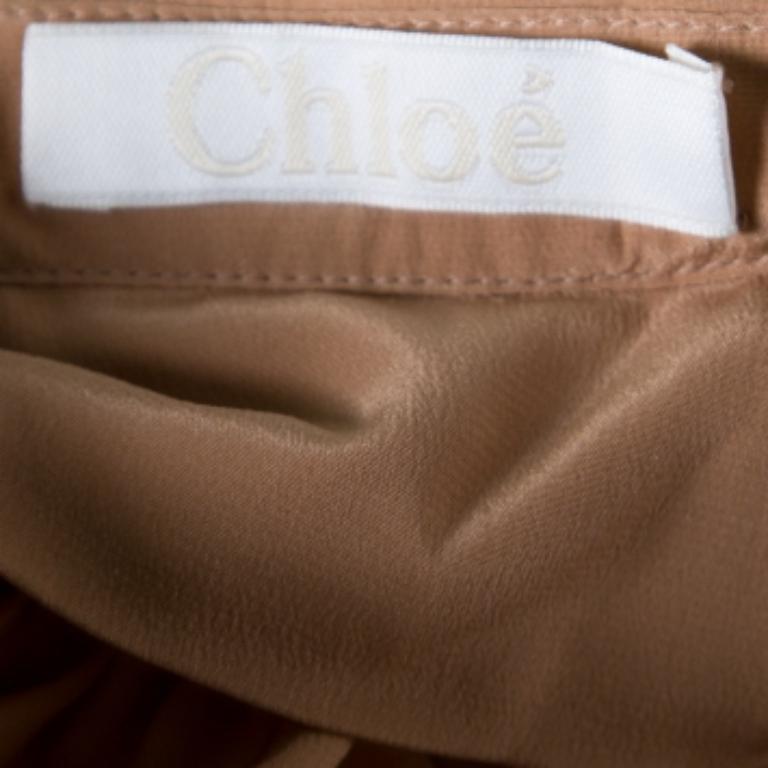 Chloe American Tan Crepe Silk Ruffled Sleeveless Billowy Dress M Damen im Angebot