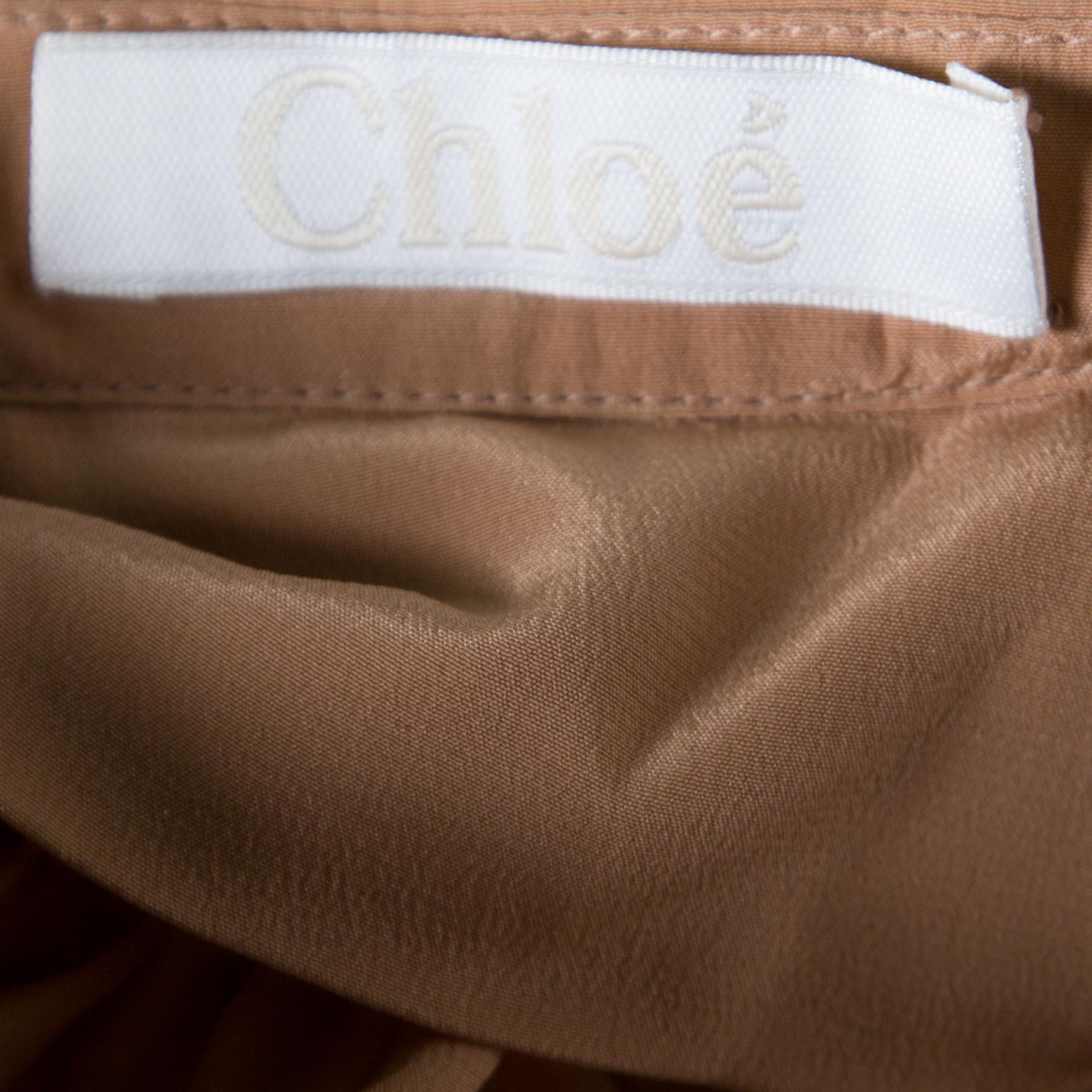 Women's Chloe American Tan Crepe Silk Ruffled Sleeveless Billowy Dress M For Sale