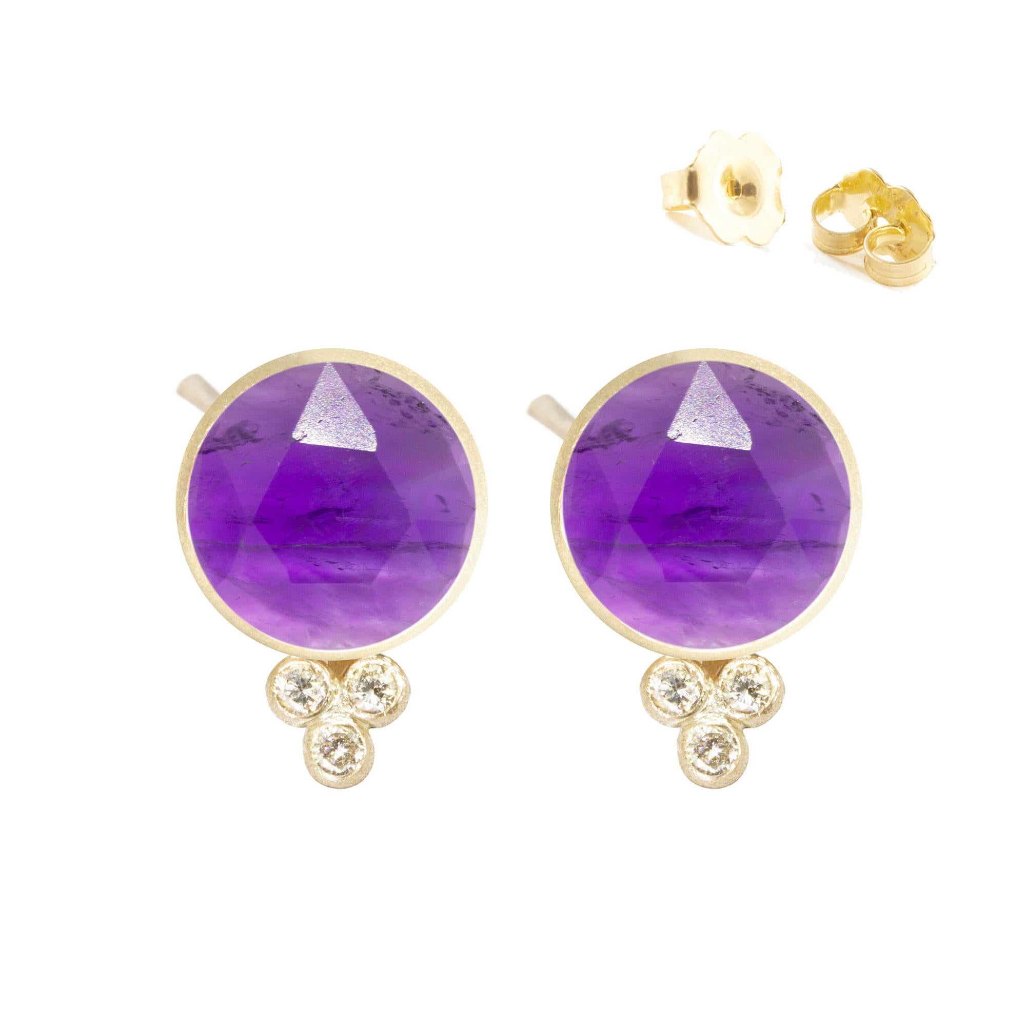 A Nina Nguyen classic: Our Chloe Gold Studs are designed with hand-faceted amethyst rimmed in gold, and accented with diamonds for some extra sparkle.

Nina Nguyen Design's patent-pending earrings have an element on the back of the stud or charm to