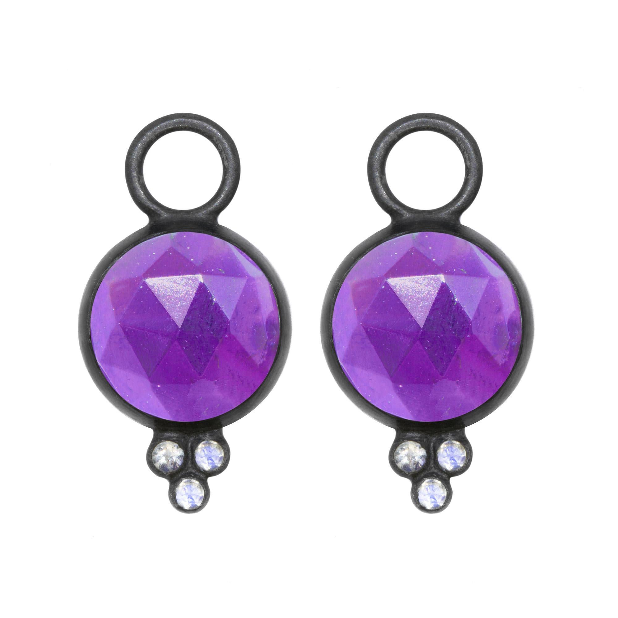 Rose Cut Chloe Amethyst Charms and Florentine Tourmaline Oxidized Hoop Earrings For Sale