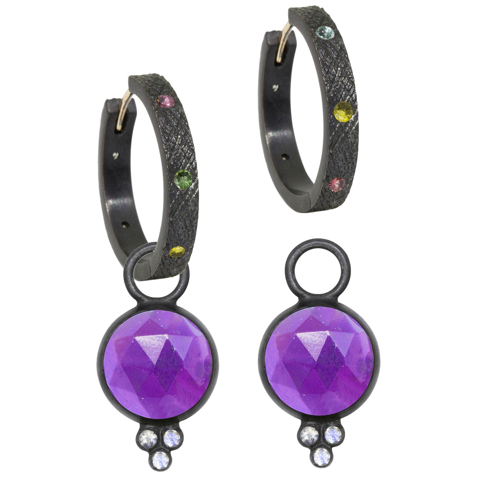 Chloe Amethyst Charms and Florentine Tourmaline Oxidized Hoop Earrings For Sale