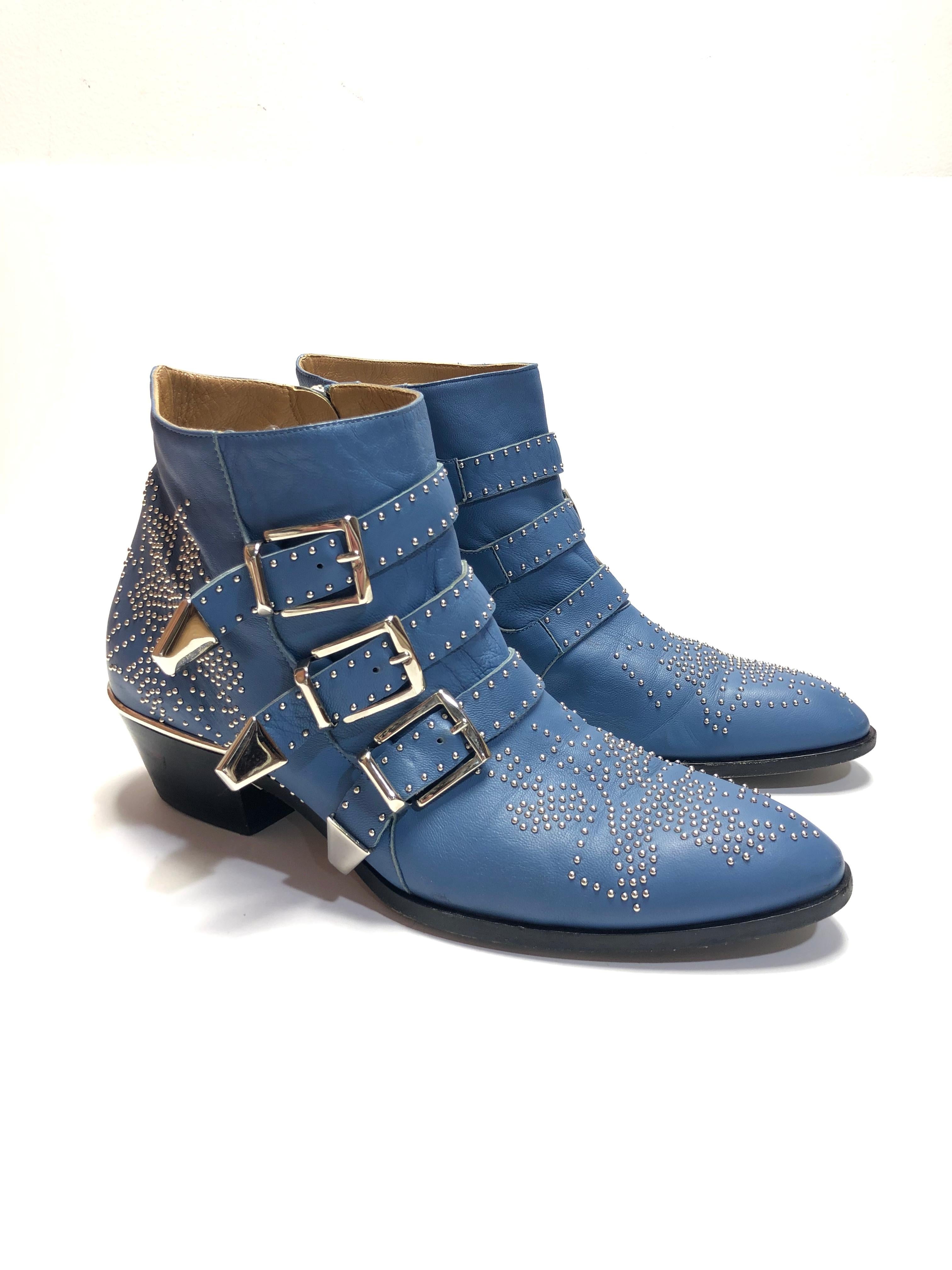 Chloe Cosmic Blue Ankle Length Boots w/ Silver Buckle & Studded Detail
39.5