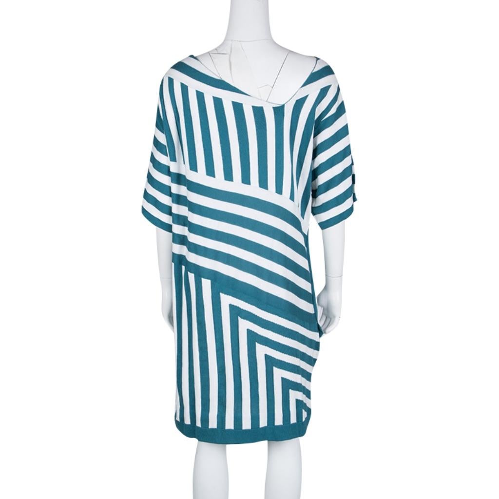 A fabulous dress to flaunt among your friends, this Chloe outfit is every bit unique and stylish. It comes crafted in cotton with aqua blue and white stripes all over. It has a comfortable silhouette and is adorned with metal sequin embellishments