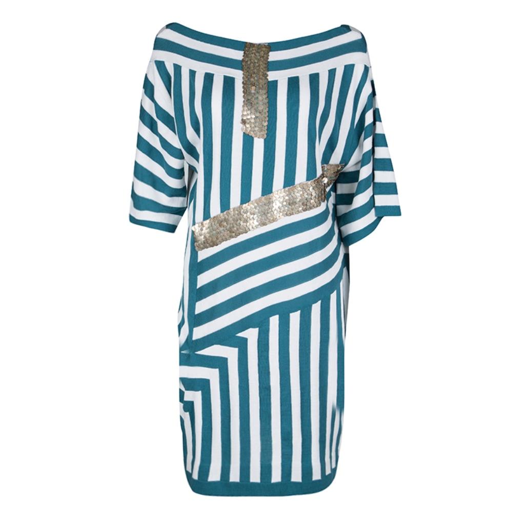 Gray Chloe Aqua Blue and White Striped Knit Metal Sequin Embellished Dress