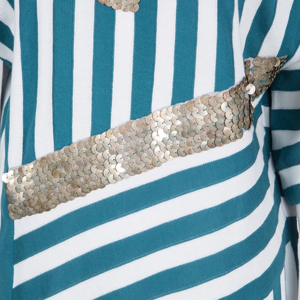 Chloe Aqua Blue and White Striped Knit Metal Sequin Embellished Dress In Good Condition In Dubai, Al Qouz 2