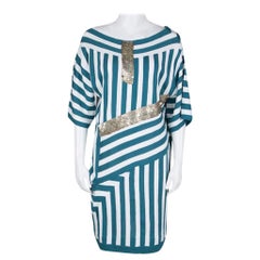 Chloe Aqua Blue and White Striped Knit Metal Sequin Embellished Dress