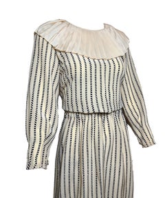 Chloe Beige and Navy Babydoll Silk Dress with Ruffle Collar, 1980s