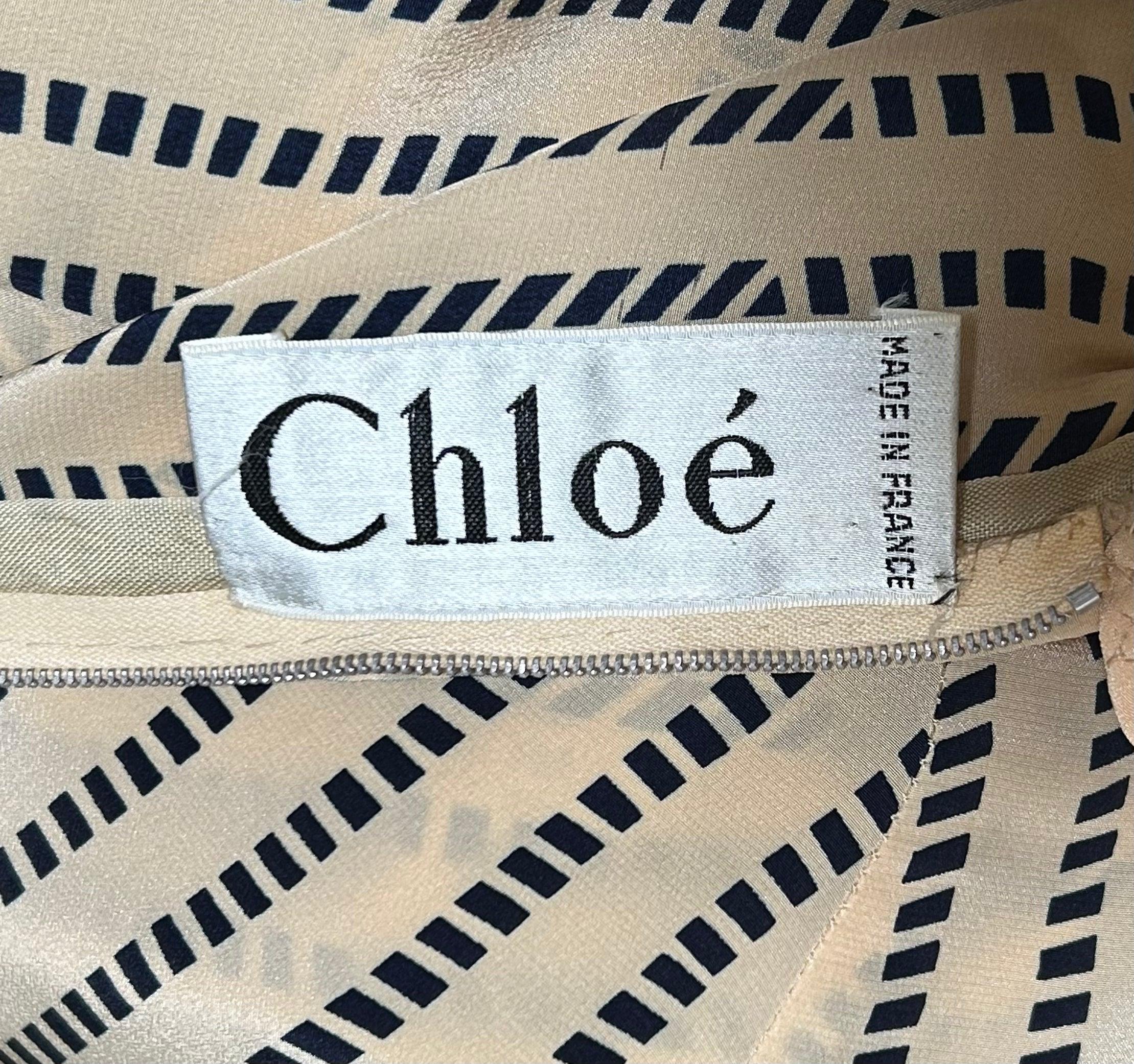 Women's Chloe Beige and Navy Babydoll Silk Dress with Ruffle Collar, 1980s For Sale