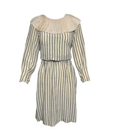 Chloe Beige and Navy Babydoll Silk Dress with Ruffle Collar, 1980s