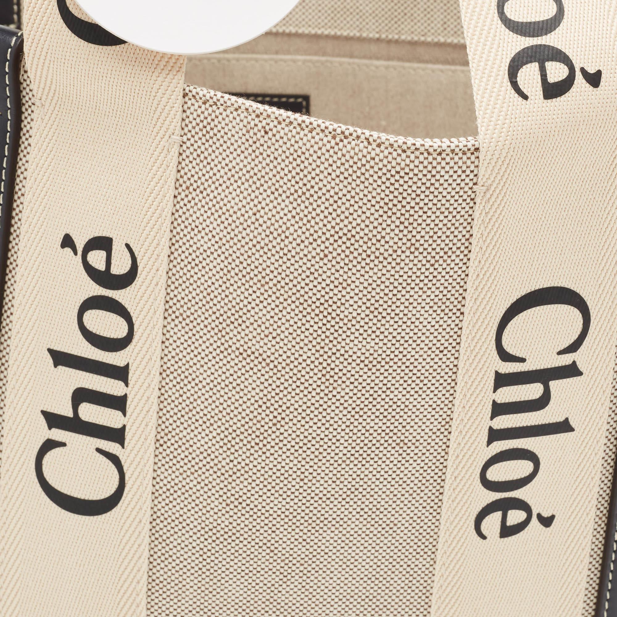 Chloe Beige/Black Canvas and Leather Large Woody Tote 6