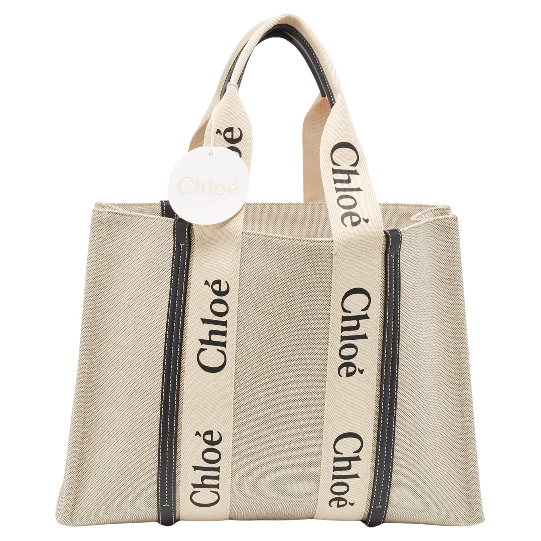Chloe Beige/Black Canvas and Leather Large Woody Tote