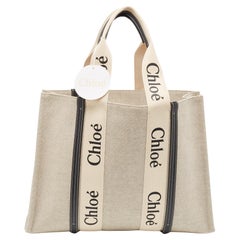 Chloe Beige/Schwarz Canvas und Leder Large Woody Tote