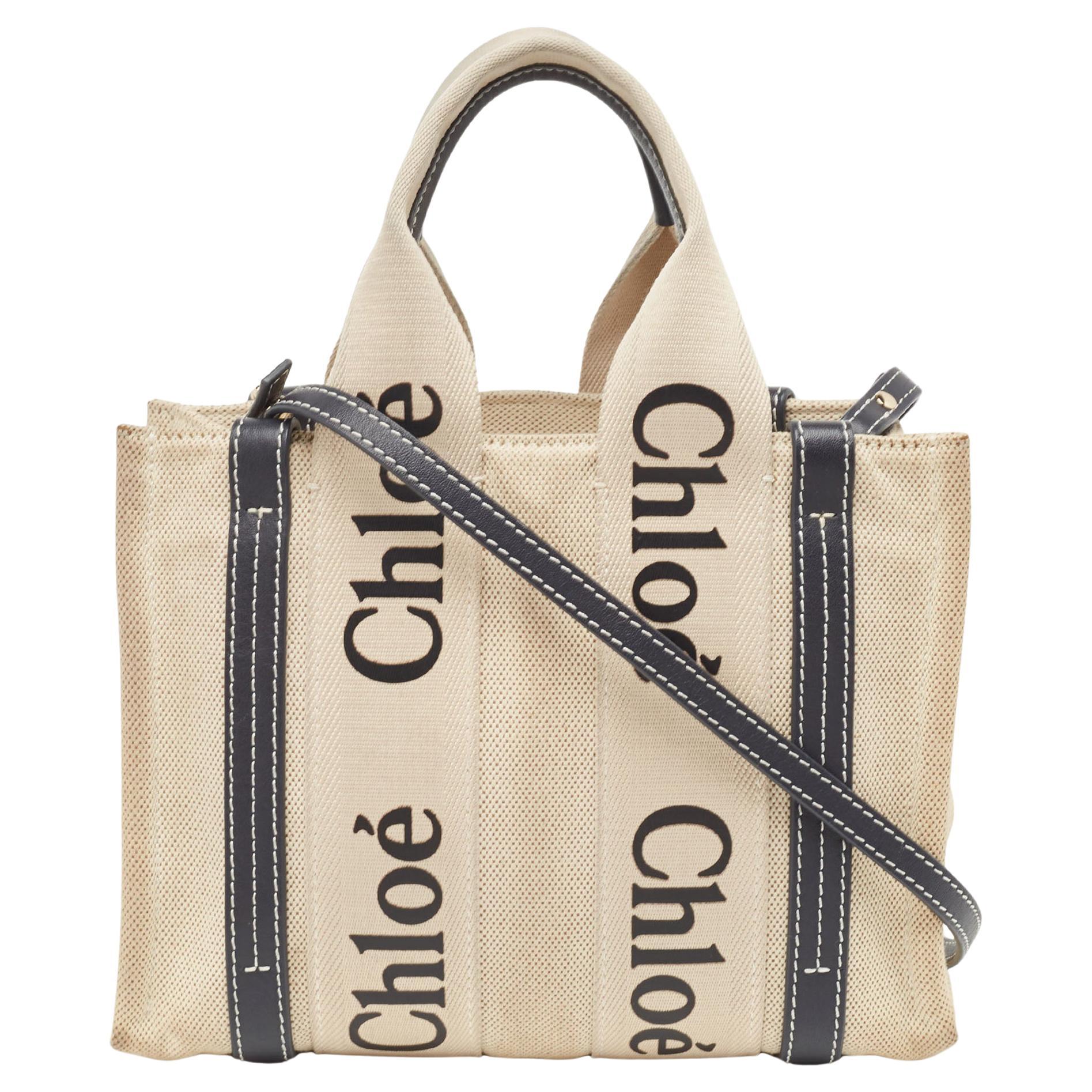 Chloe Beige/Black Canvas and Leather Small Woody Tote For Sale