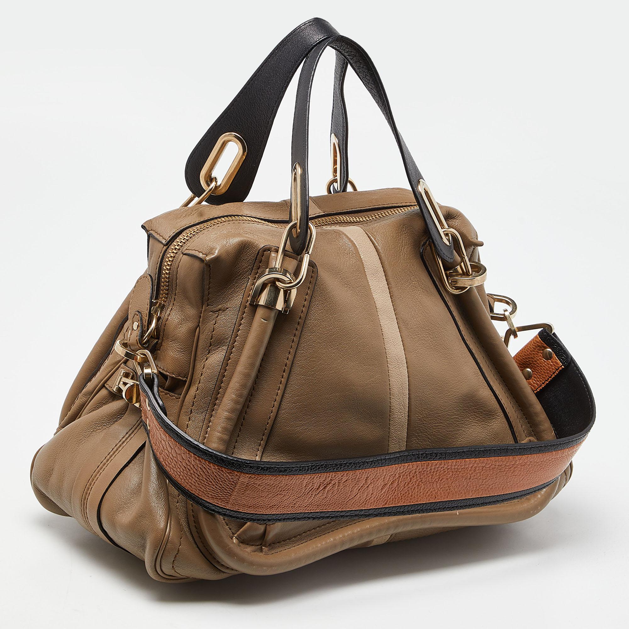Chloe Beige/Black Leather Medium Paraty Handbag For Sale 8