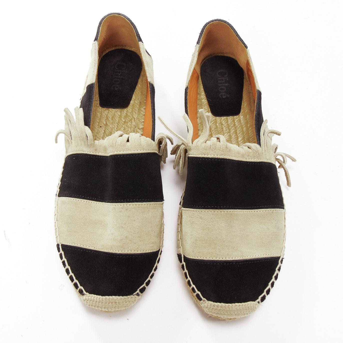 CHLOE beige black suede leather striped panels fringe slip on espadrilles EU37 In Fair Condition For Sale In Hong Kong, NT
