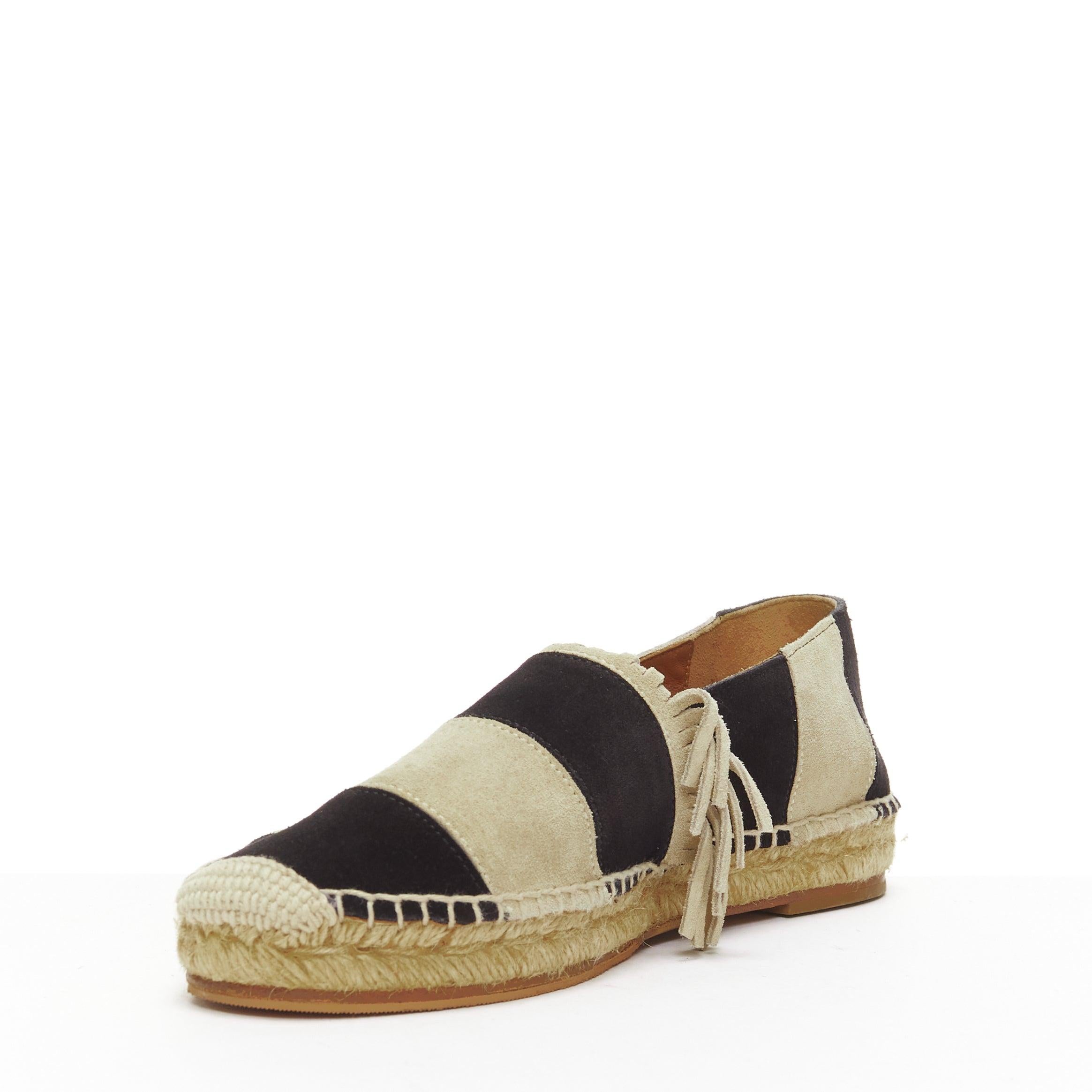 Women's CHLOE beige black suede leather striped panels fringe slip on espadrilles EU37 For Sale