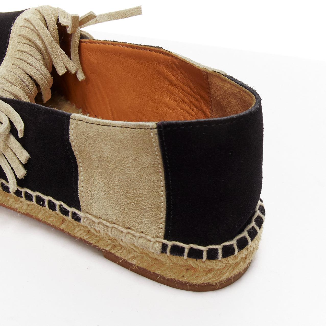 CHLOE beige black suede leather striped panels fringe slip on espadrilles EU37 4