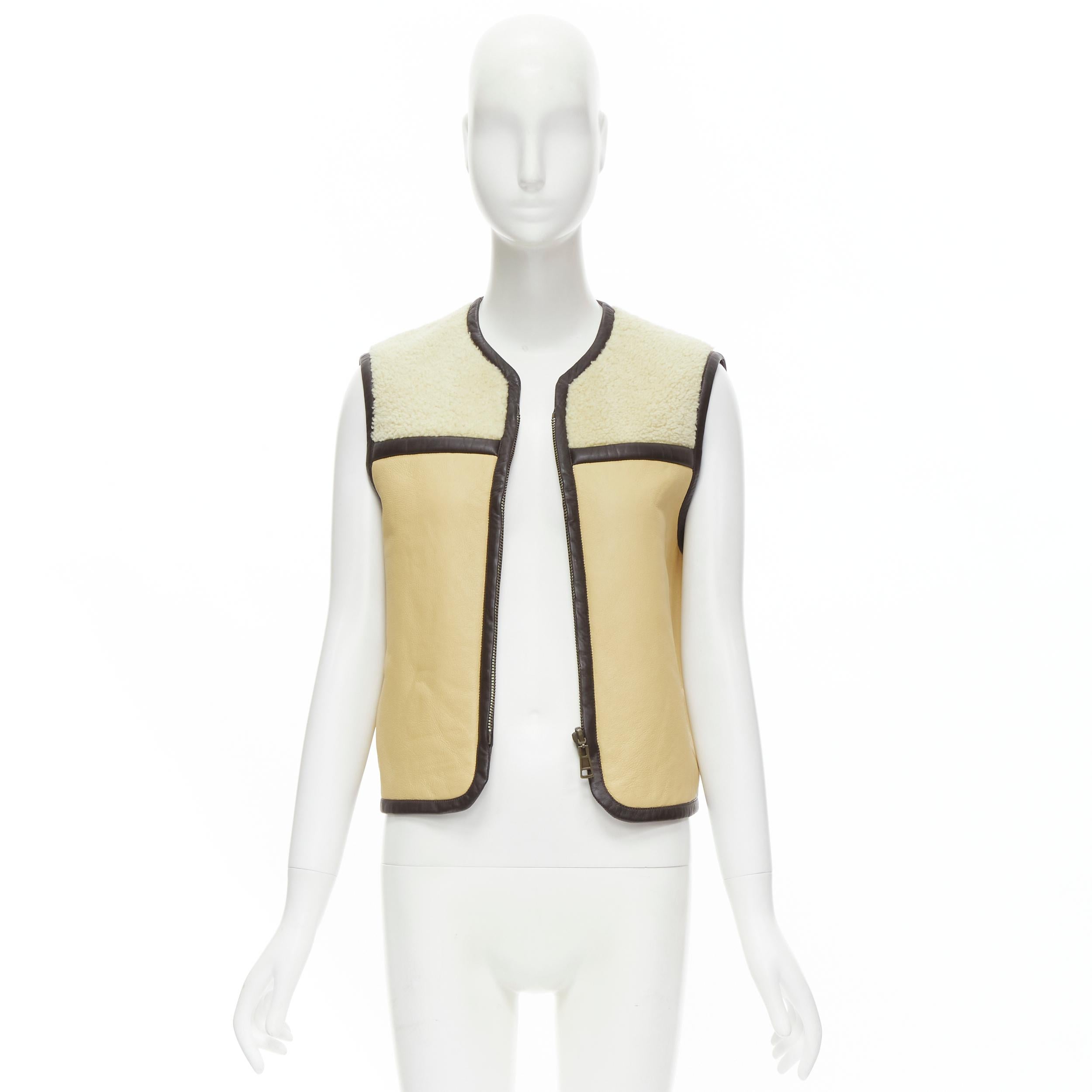 CHLOE beige brown leather colorblocked shearling lined zip vest  FR34 XS 2