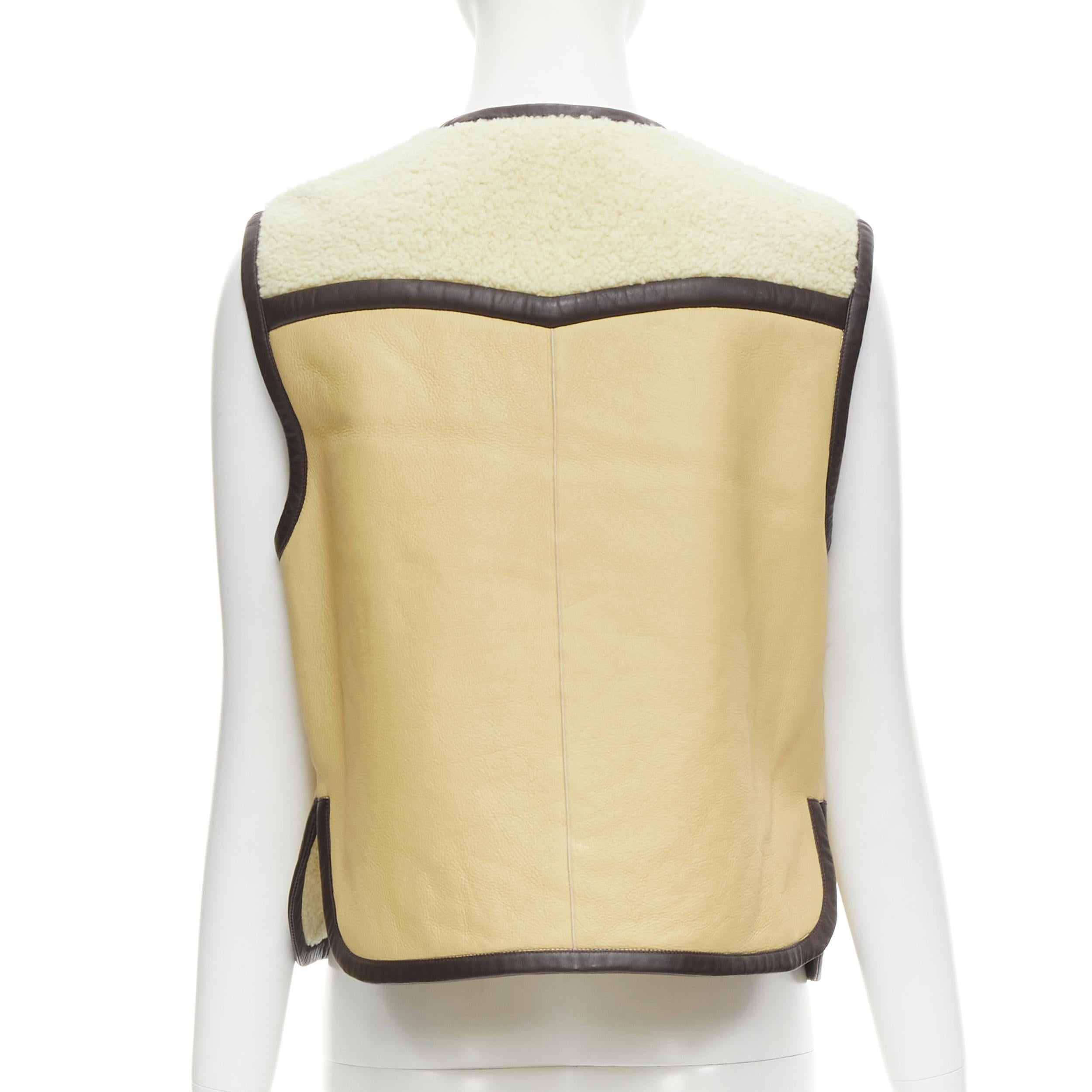 Beige CHLOE beige brown leather colorblocked shearling lined zip vest  FR34 XS